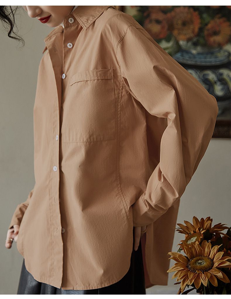 時尚寬鬆貼口袋長袖襯衫-白色