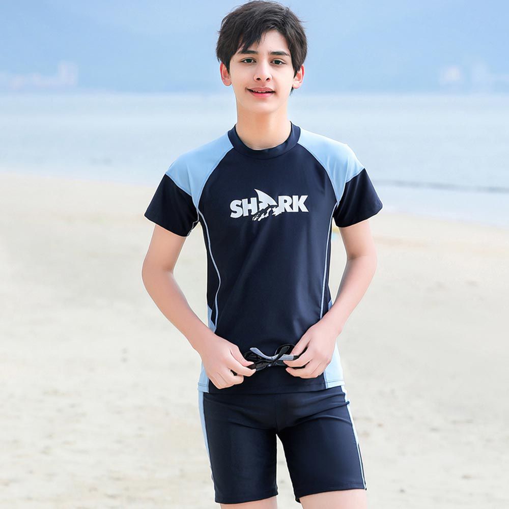 大童男孩短袖泳衣套裝(二件組)-SHARK-黑色-泳衣、泳褲