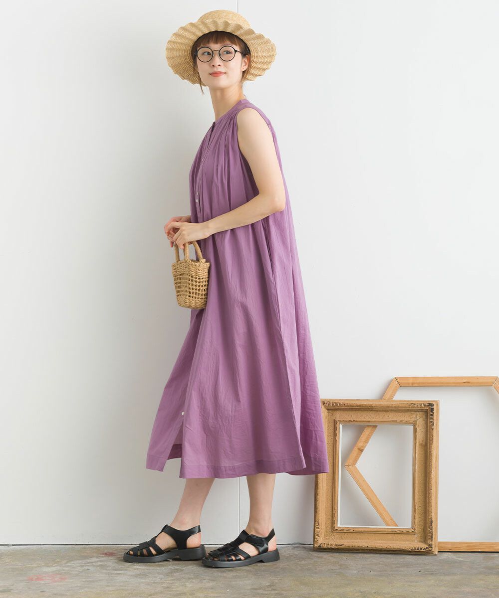 日本女裝代購 - 100%印度棉 涼爽輕盈排扣無袖洋裝-薰衣草