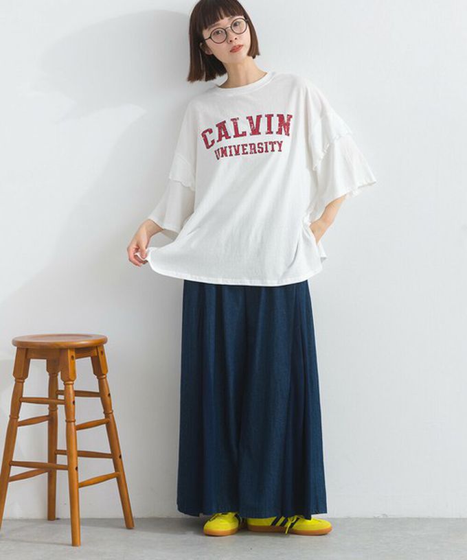 日本 Lupilien - 接觸冷感 學院風印花荷葉寬袖上衣-橘