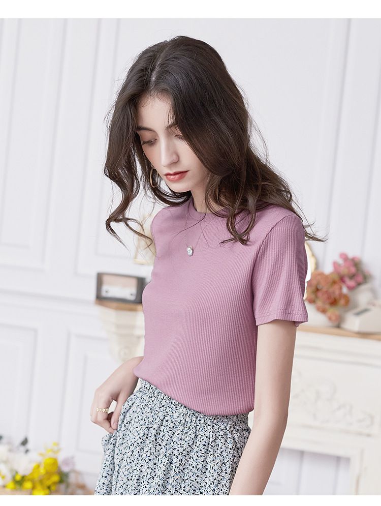 慵懶格調圓領短袖上衣-淺紫色 (M)