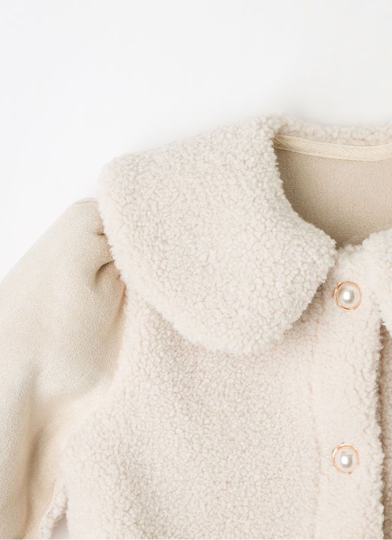 韓國 OZKIZ - 冬日感搖粒絨拼接連身大衣-淺卡其