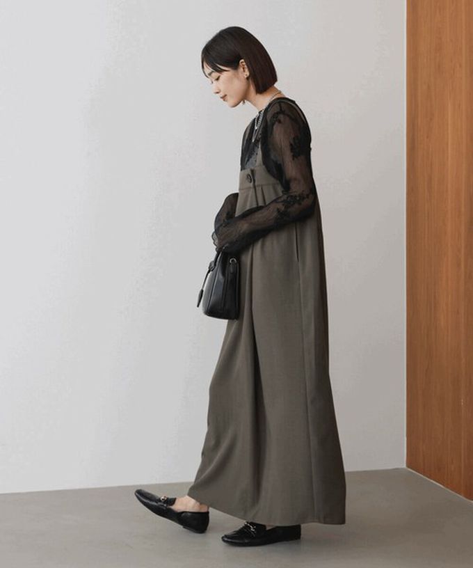 日本 Bab - 斜紋布優雅摺線工裝風吊帶裙-深灰