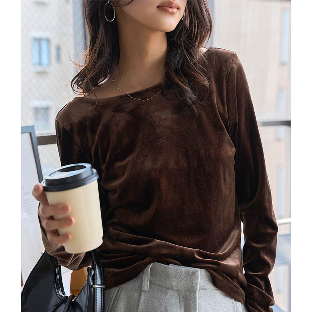 華麗天鵝絨露背合身長袖上衣-深咖啡