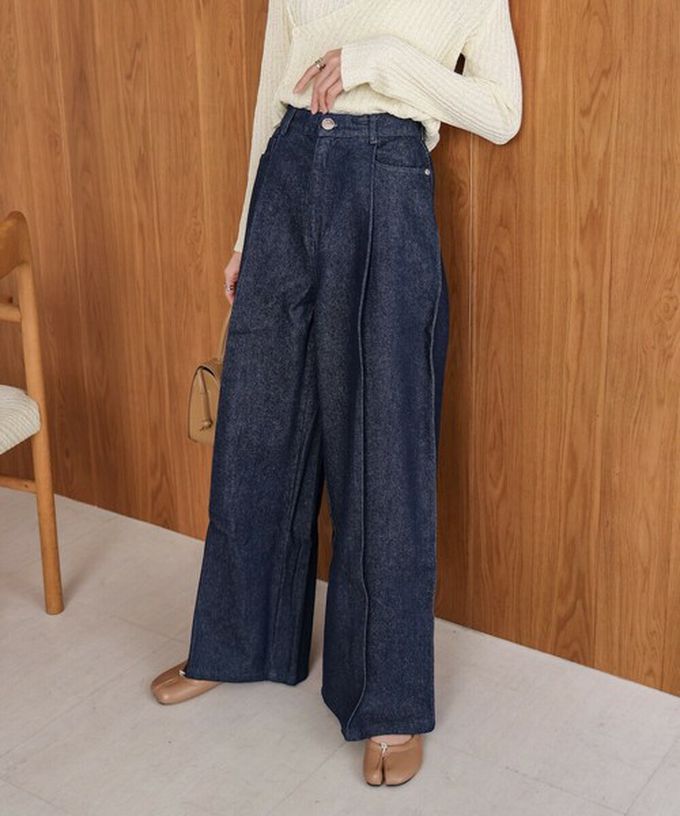 日本 Bab - 腳長效果 摺線丹寧印度棉寬褲-靛藍