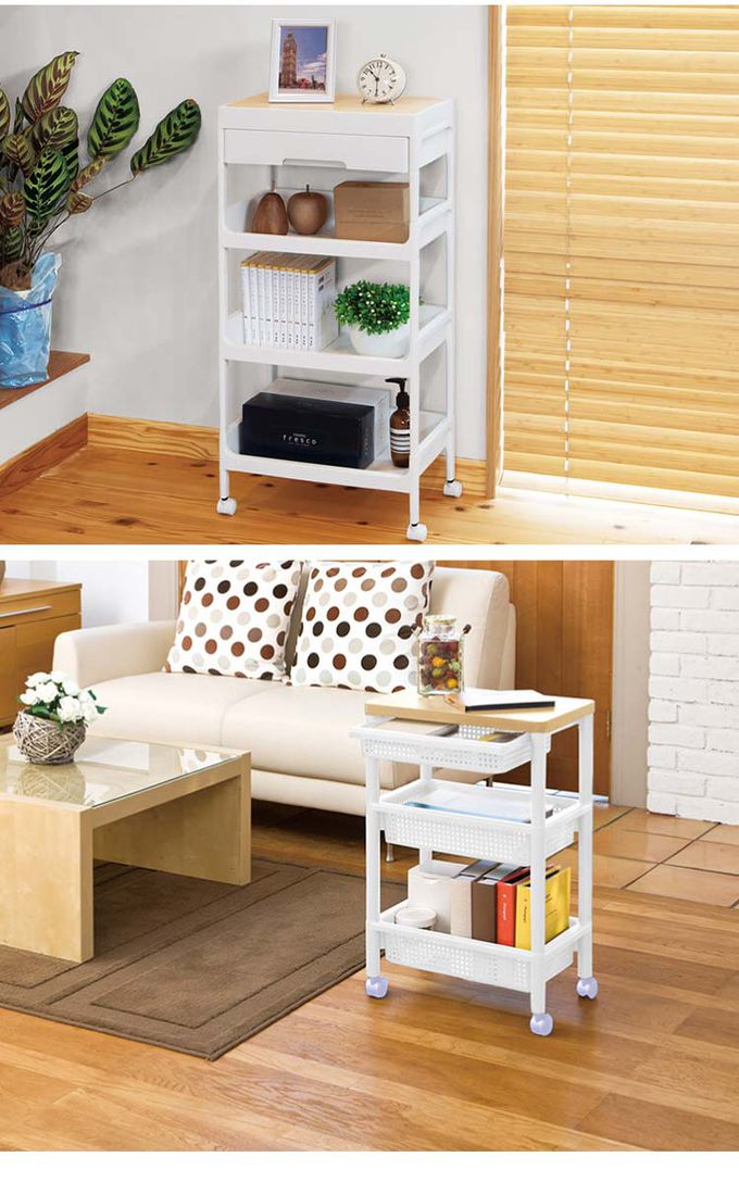 日本 FUDOGIKEN - 日本製木板四層收納推車/收納架(附滾輪)45.5×29.5x97.8cm