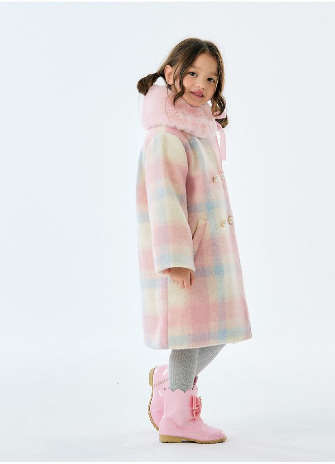 韓國 OZKIZ - (附絨毛圍巾)格紋毛料絎縫大衣外套-粉