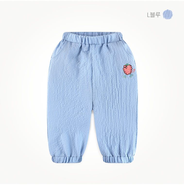 韓國 milk mile - 玩偶刺繡皺摺縮口長褲-淺藍