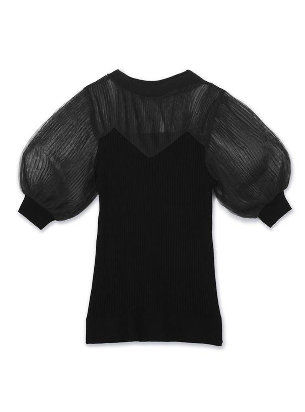 日本 GRL - 薄紗透膚異材質拼接澎澎袖短袖上衣-米