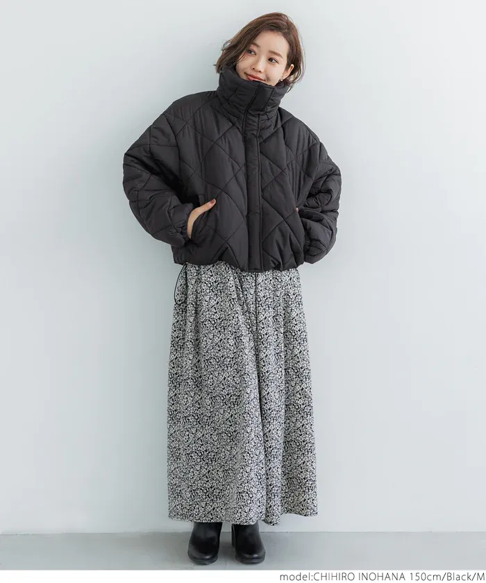 日本 COCA - 菱紋衍縫翻領鋪棉短版外套-氣質米