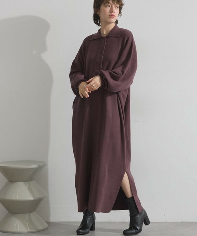 日本 Lupilien - 氣質排扣polo衫針織長袖洋裝-灰