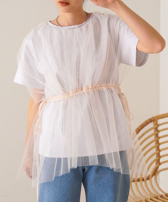日本 Bab - 仙氣皺摺薄紗 腰綁帶短袖上衣-淺灰