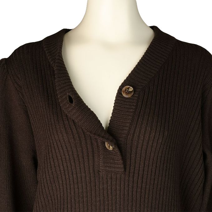 akachan honpo - 長袖亨利領針織洋裝-深咖啡