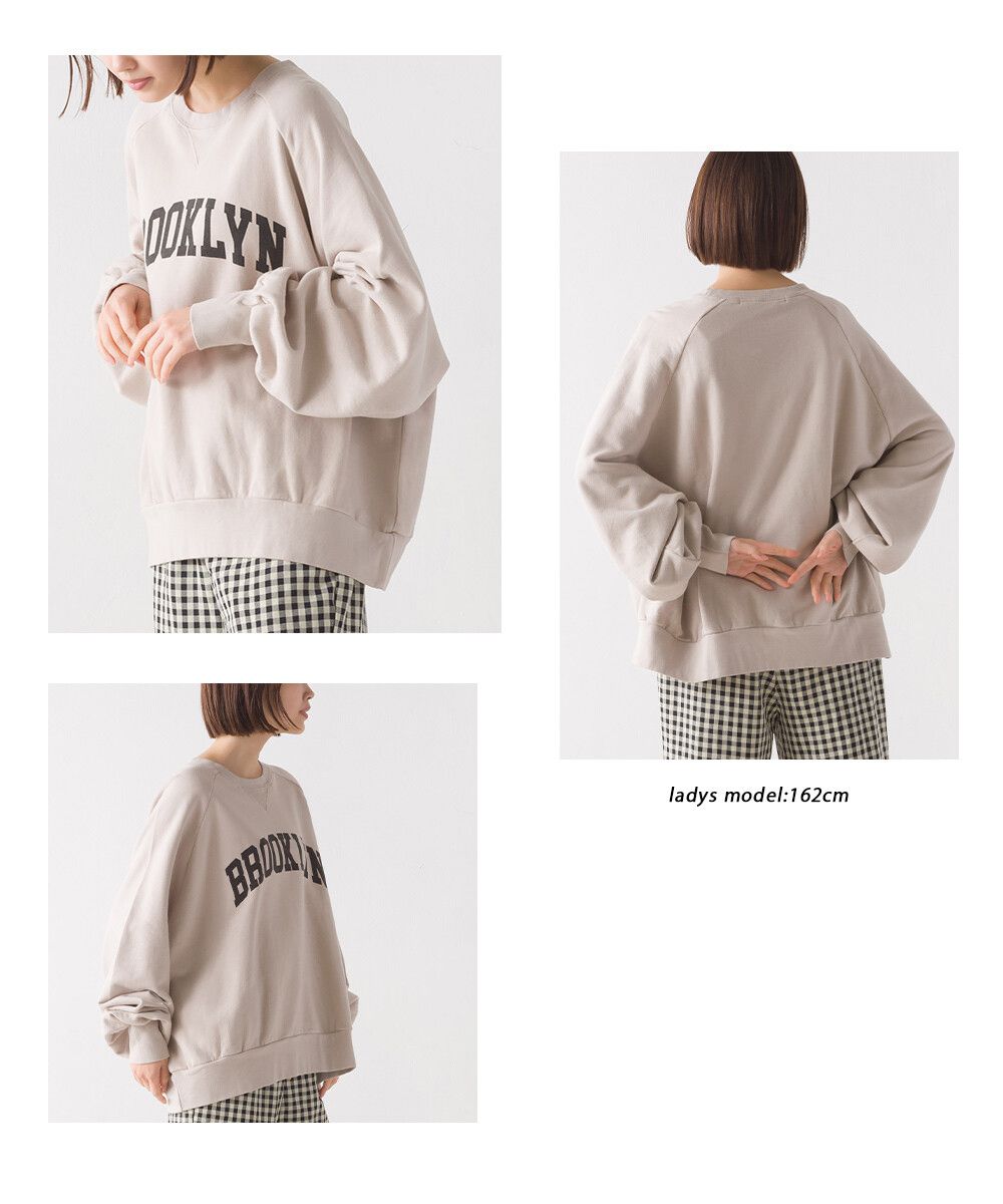 日本 OMNES - 100棉 圓領寬鬆長袖大學T-英文LOGO-淺米杏