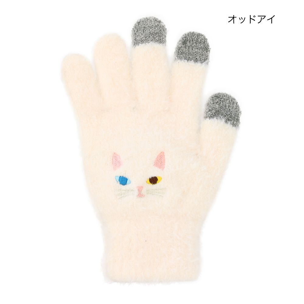 日本 TOMO - 大人可觸控短絨保暖手套-異眼貓-米白