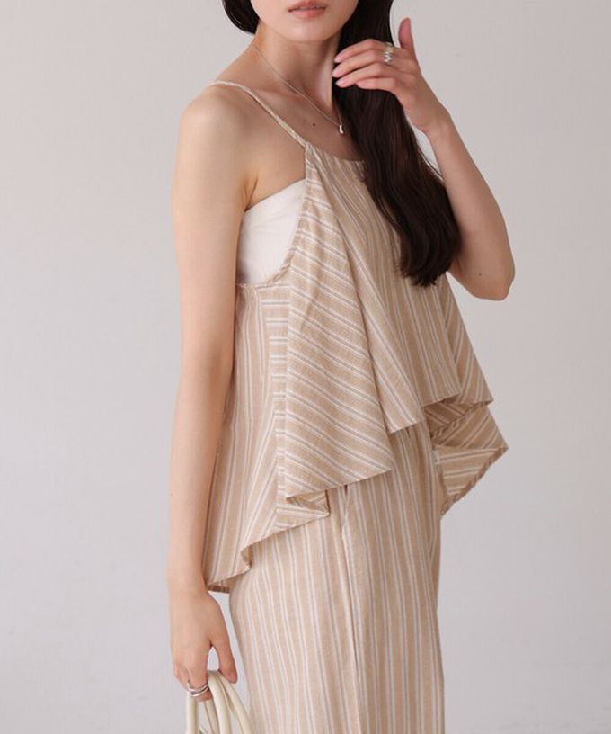 日本 Bab - 簡潔舒適混棉細肩帶長褲套裝-條紋-卡其杏 (M)