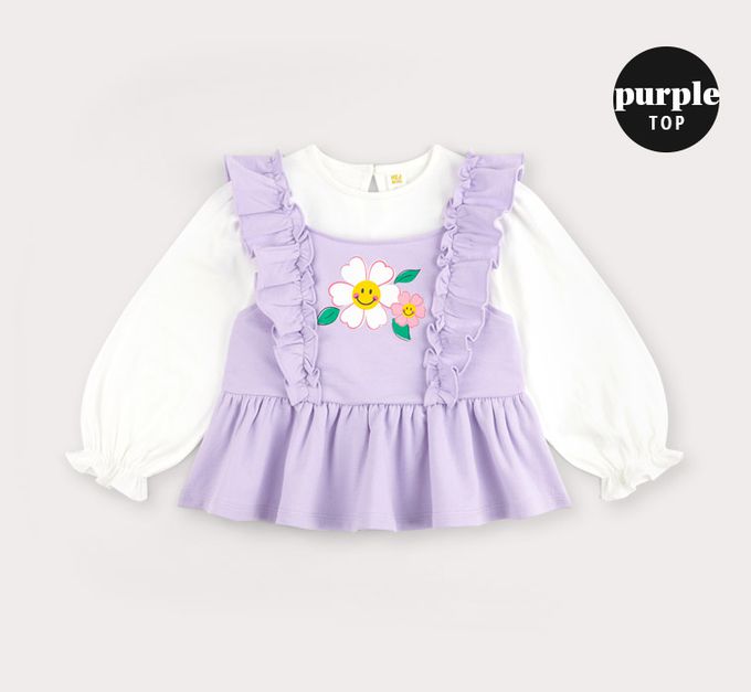 韓國 HEJMINI - 女孩感波浪邊裝飾長袖套裝-紫