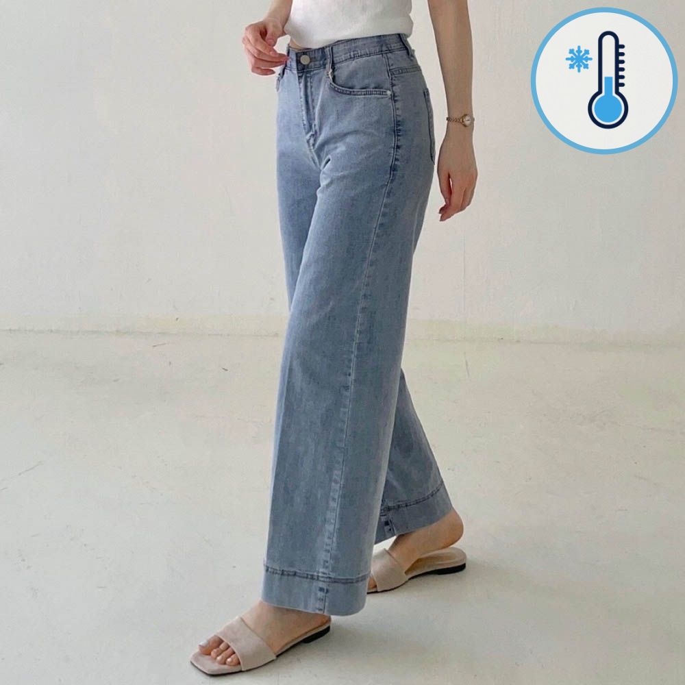 (Cool Max)鬆緊腰棉麻混紡直筒寬褲-淺藍