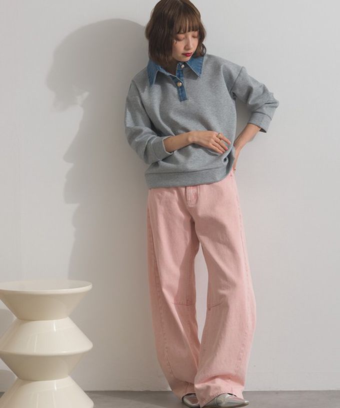 日本 ELENCARE DUE - 牛仔領層次感厚磅休閒長袖上衣-燕麥白