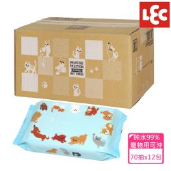 日本 LEC - 純水99%寵物毛孩用可沖式濕紙巾70抽12包入(箱購)