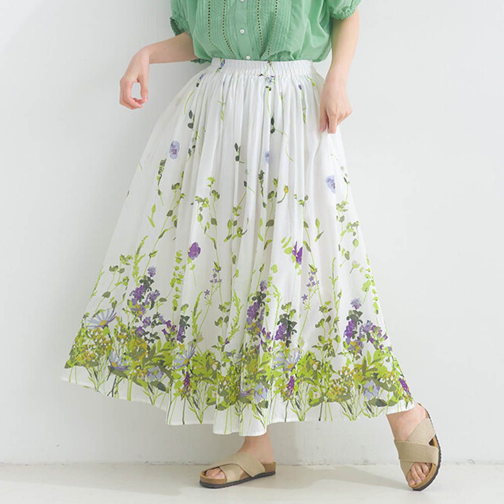 100%印度棉 清新印花柔軟長裙-花草-白