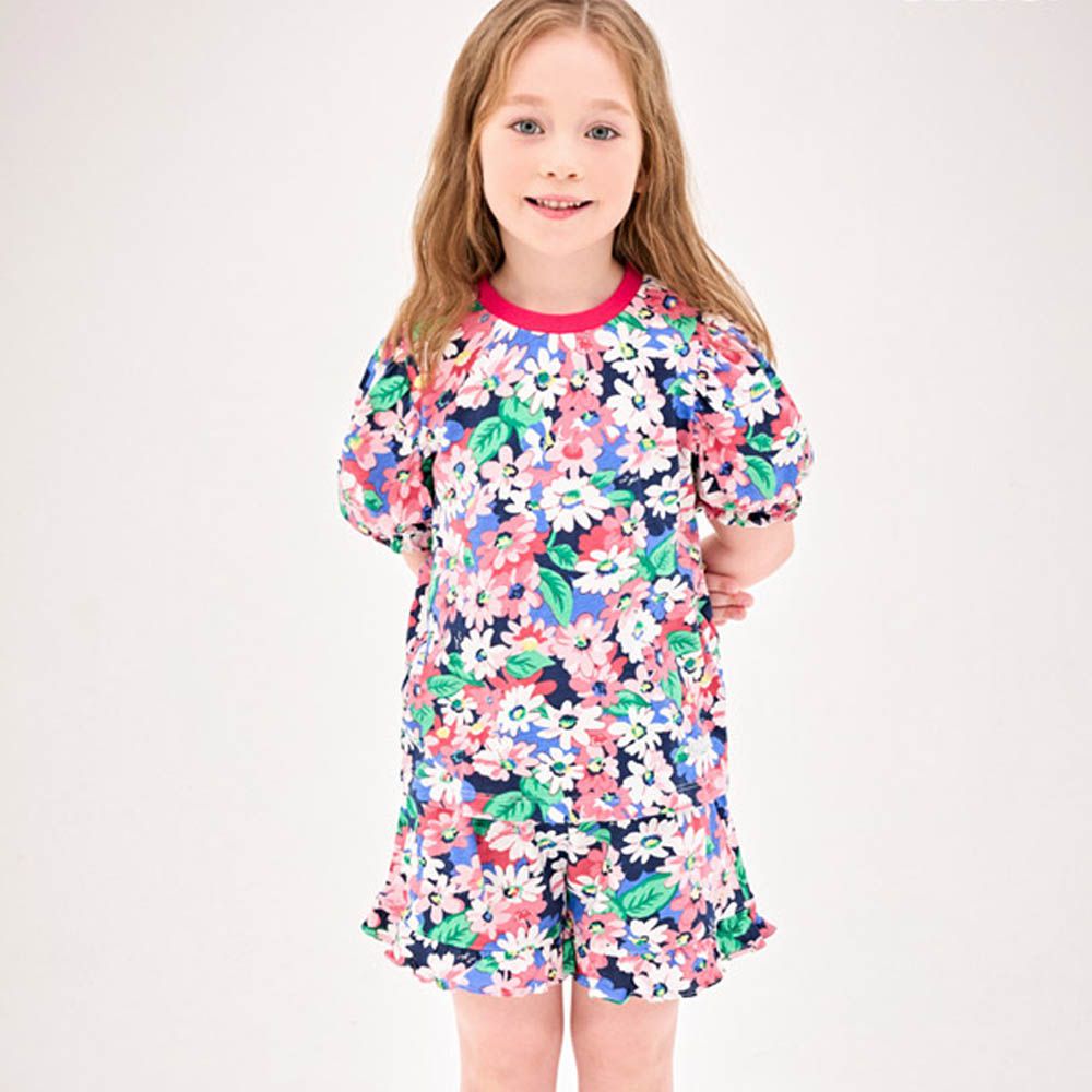 繽紛花印泡泡袖套裝-桃粉