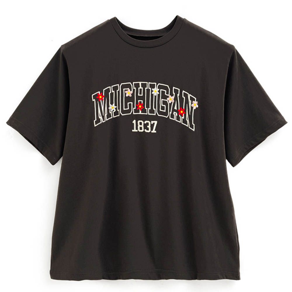 花朵英文標語五分袖T恤-炭灰 (F)