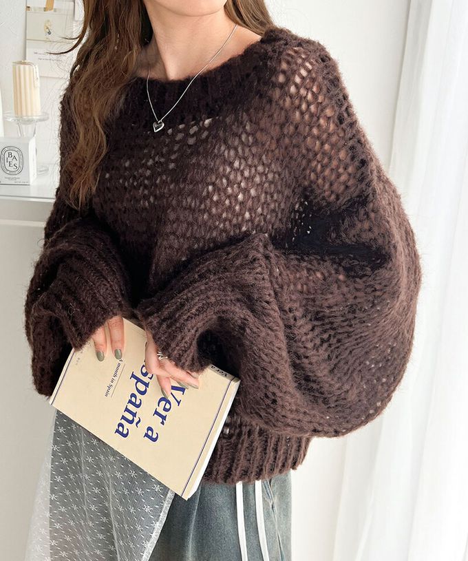 日本 Classical Elf - 甜美船領針織洞洞大寬袖毛衣-湖水綠