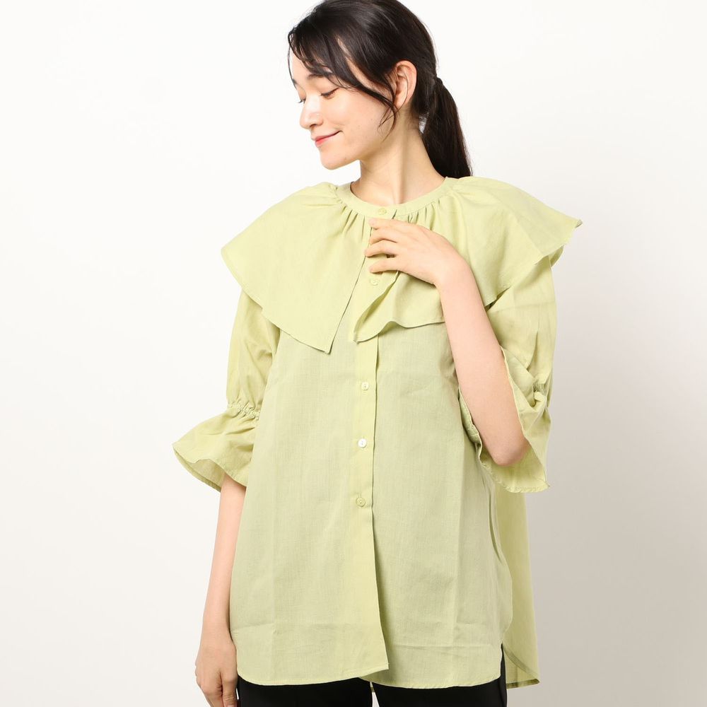 日本 Riche Glamour - 浪漫大荷葉五分袖襯衫-萊姆