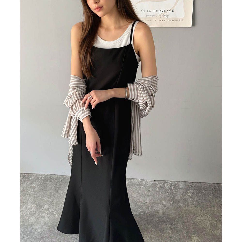 亞麻感優雅魚尾細肩帶洋裝-黑