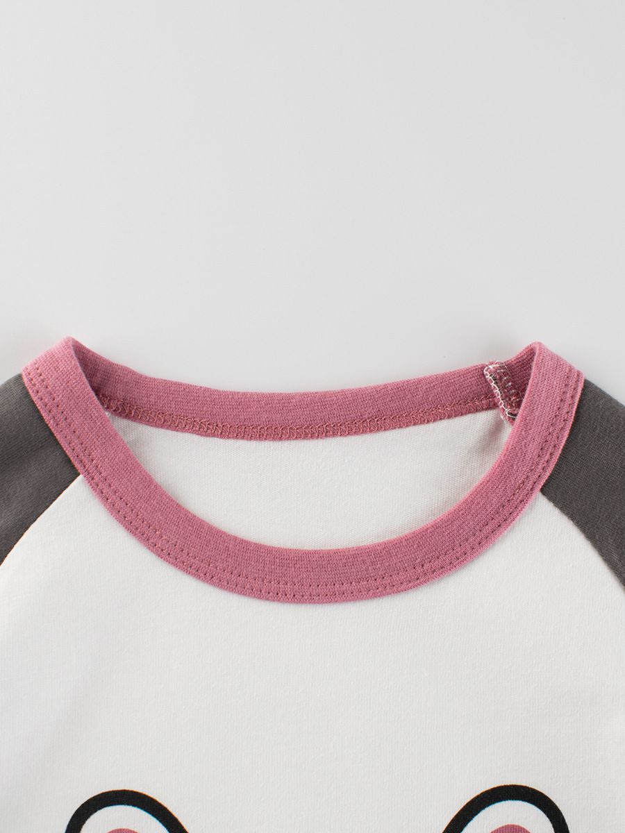 純棉圓領薄長袖上衣-兔兔臉-米白+深灰