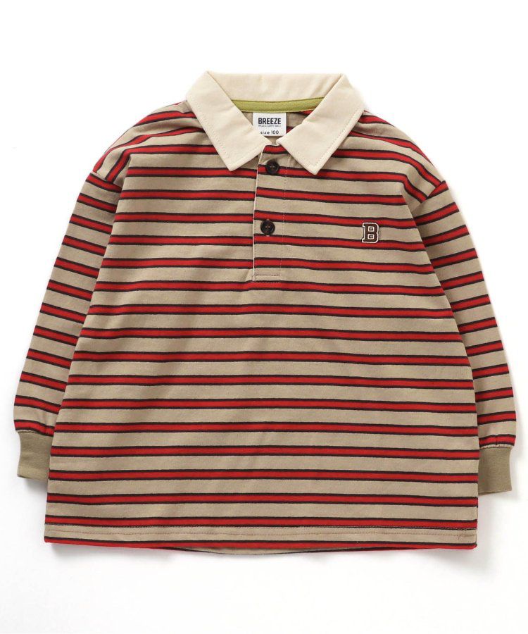 日本 BREEZE - 橄欖球風橫條長袖polo衫-紅卡其