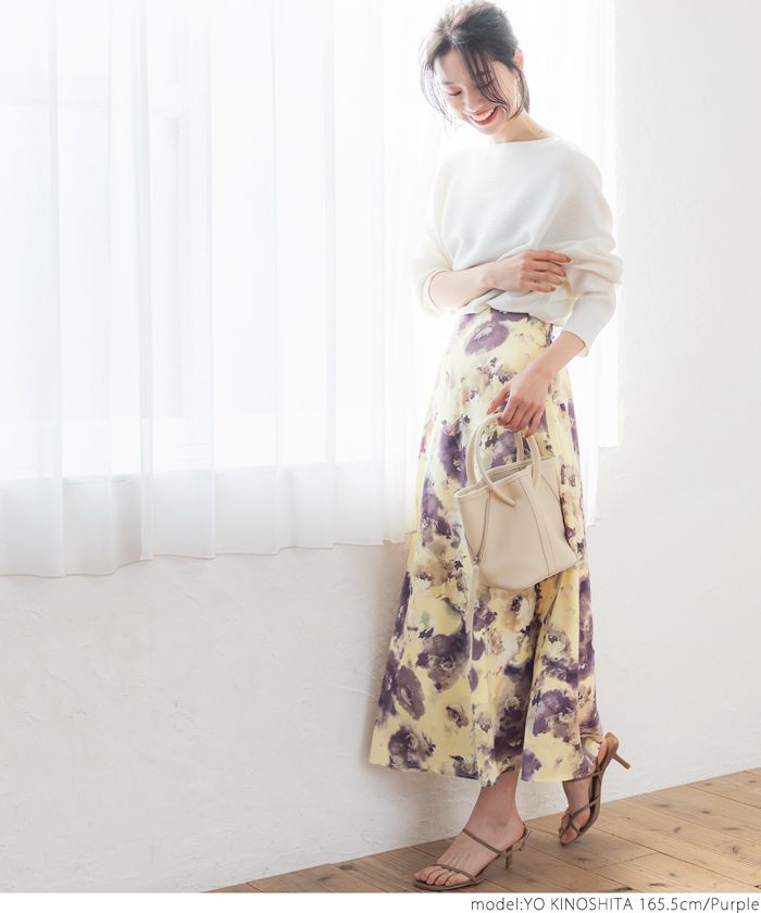 日本 COCA - 水彩渲染花朵伸縮彈性長裙-紫米 (FREE)