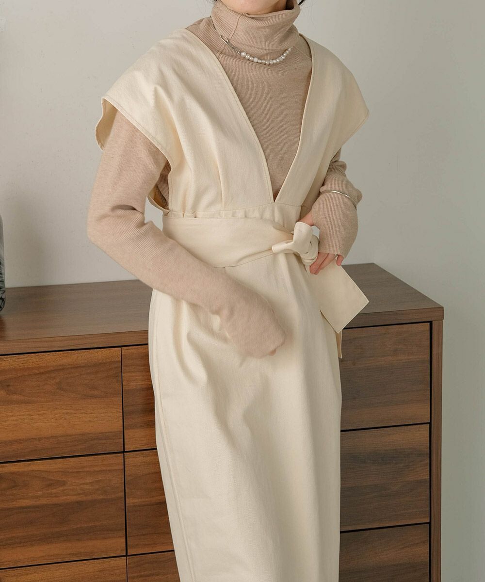 日本 Bab - 知性V領設計綁帶背心裙-深可可