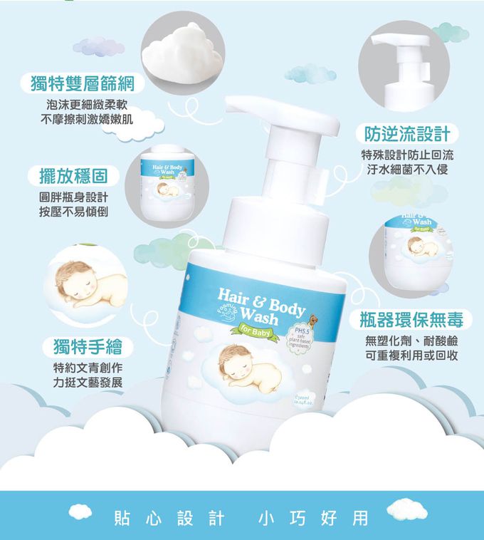 雲朵寶寶2合1洗沐慕斯-瓶器特色：獨特雙層篩網讓泡沫更綿細，讓寶寶感受雲朵般柔軟泡沫的洗沐享受