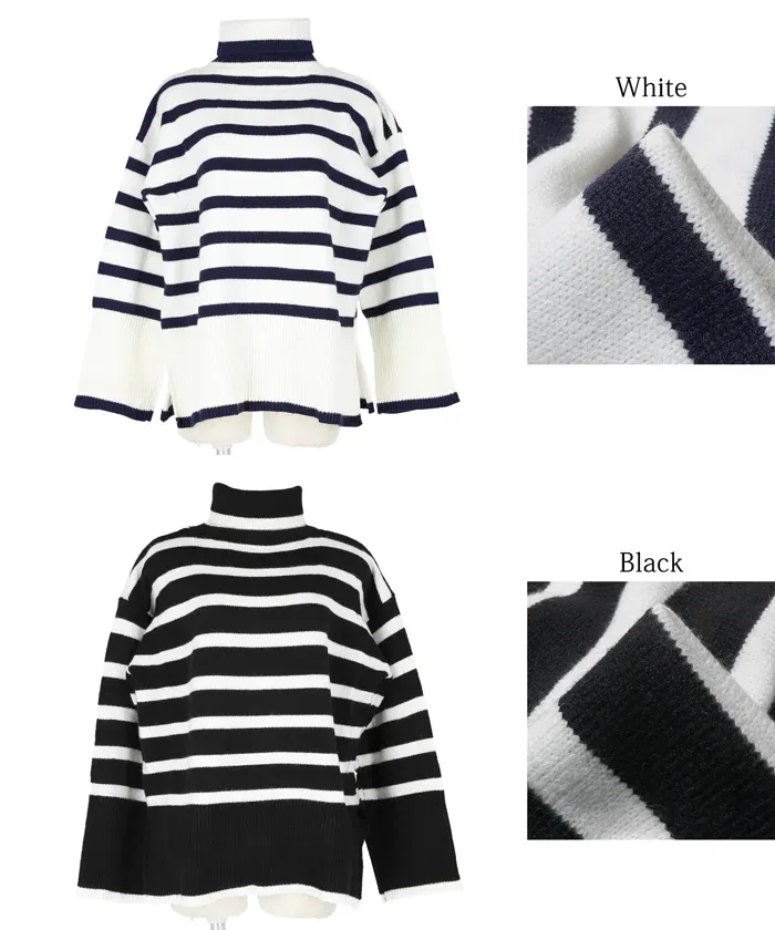 日本 COCA - 時尚條紋針織高領毛衣-白x黑