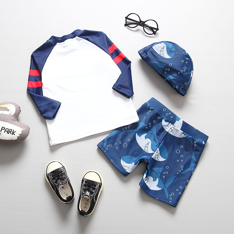 男寶長袖泳裝套裝(附帽子)-壞壞鯊魚-深藍+白