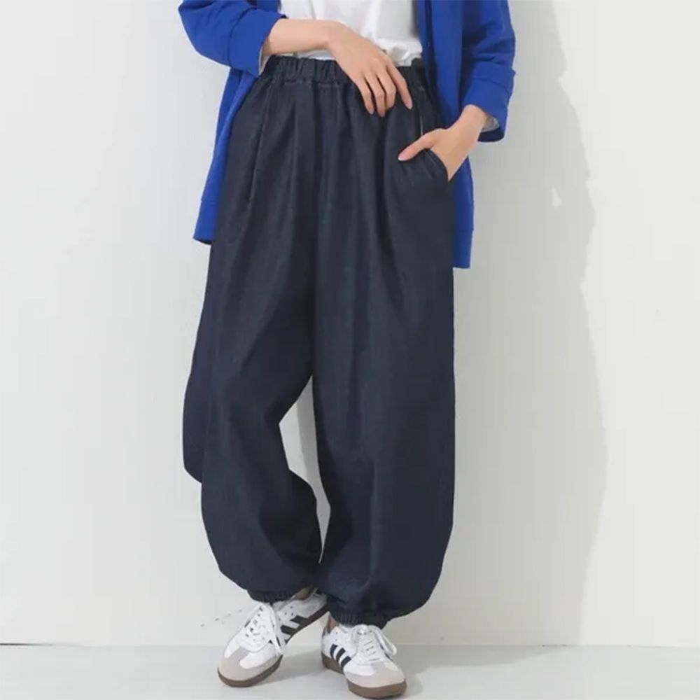 筒型立體感舒適束口丹寧褲-靛藍