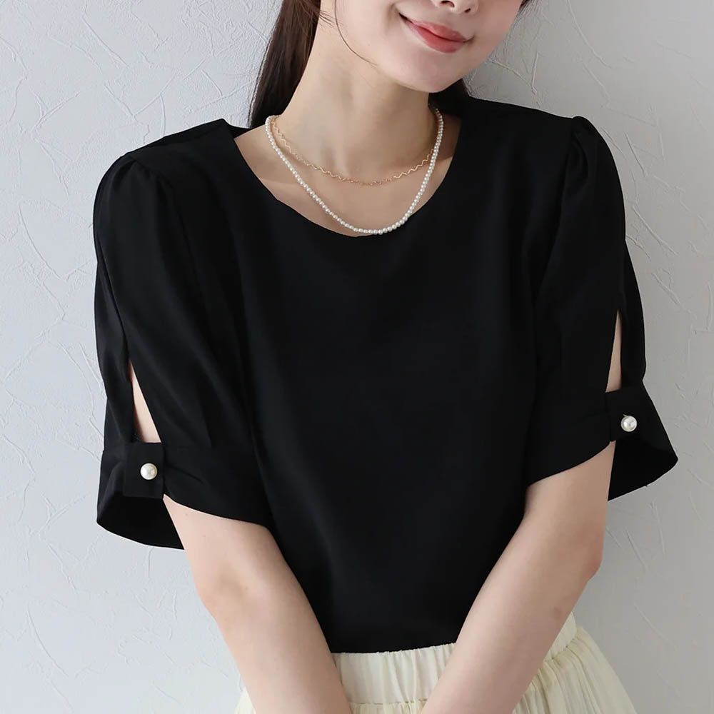 珍珠袖扣亞麻感氣質短袖上衣-黑 (M)
