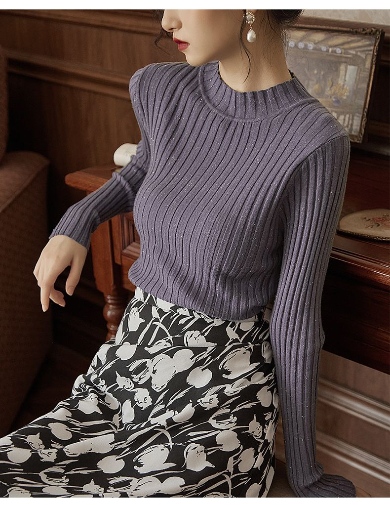 優雅百搭坑條修身針織上衣-紫色