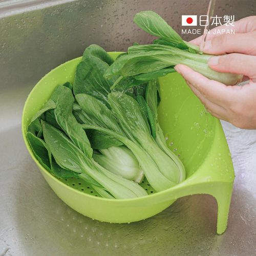 日本製單柄圓形蔬果瀝水籃-綠