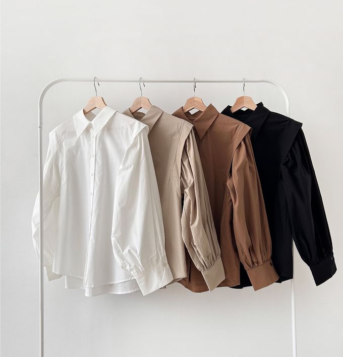 韓國女裝連線 - 知性拼接感長袖襯衫-咖啡 (FREE)