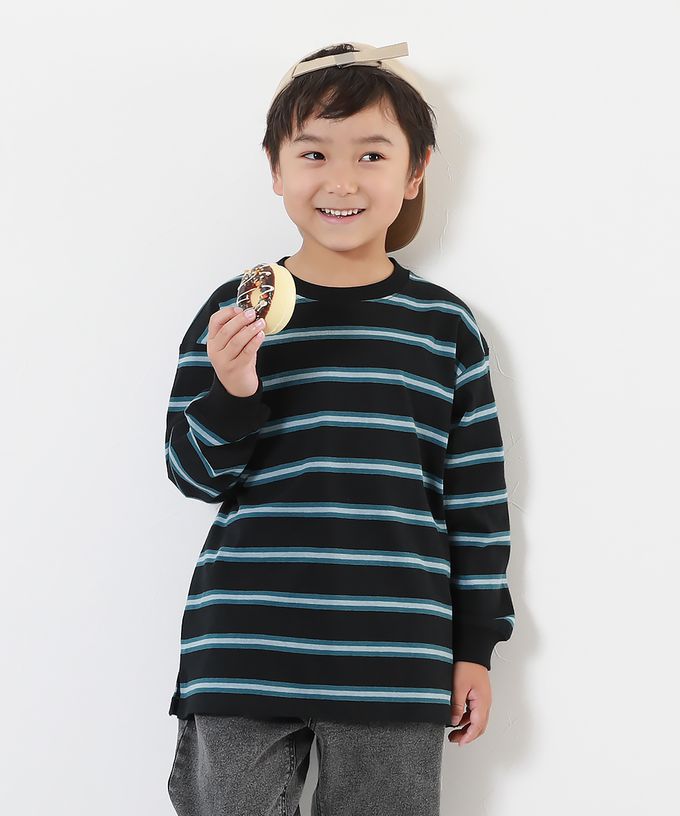 日本 devirock - 100%棉 百搭條紋長袖上衣-白色圓領