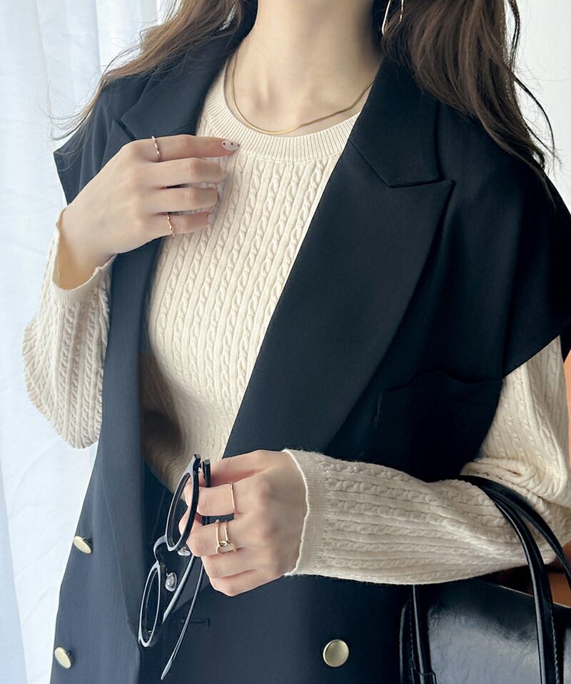 日本 Classical Elf - 學院風logo編花針織長袖上衣-米白x黑邊