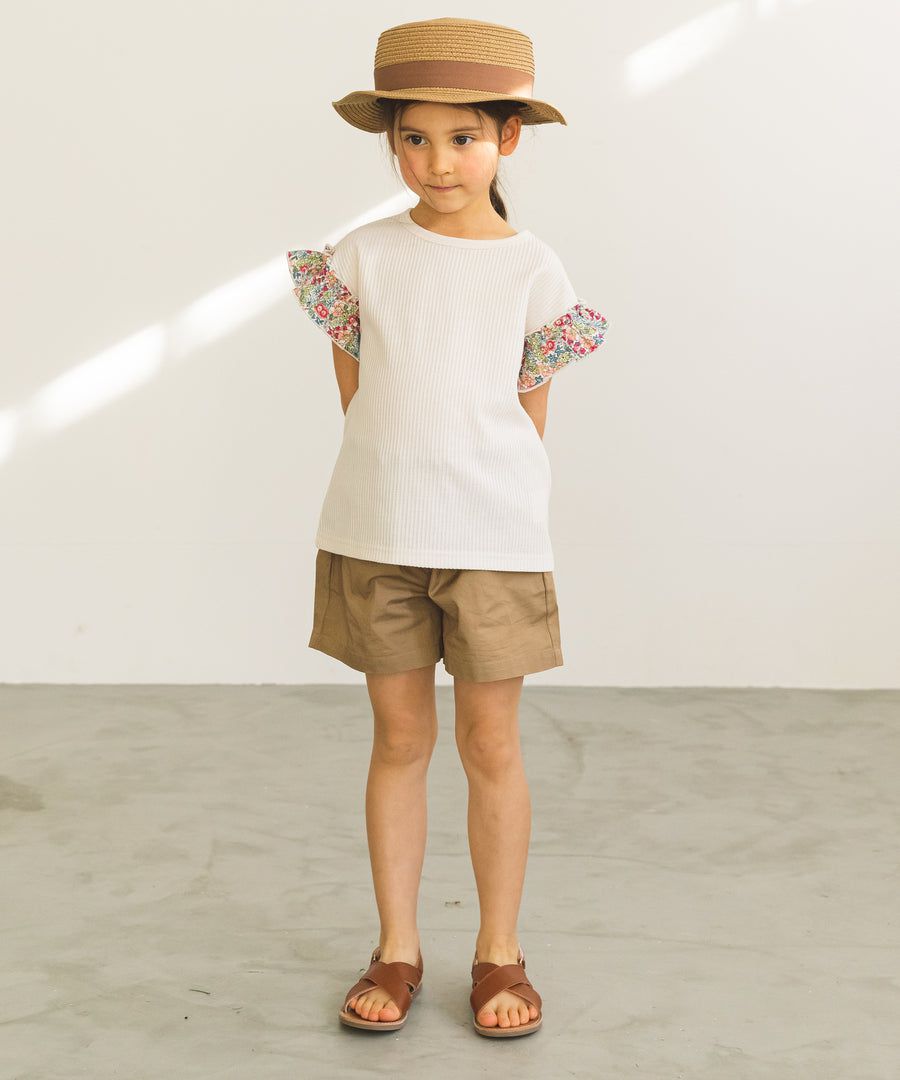 日本 PAIRMANON - 荷葉衣袖拼接鬆餅紋短T-點點-灰杏X白底點