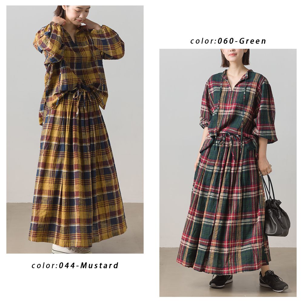 日本 OMNES - 純棉舒適知性格紋長裙-黃藍棕