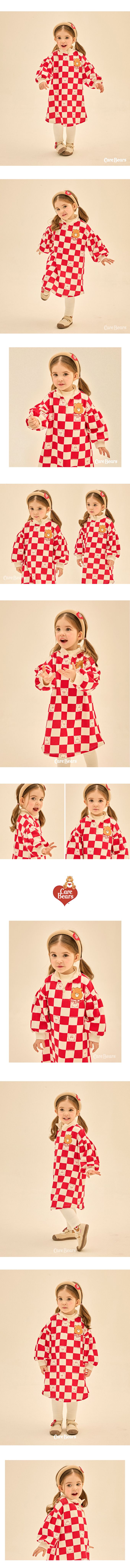 韓國 Care Bears - 聯名款方塊格印內刷毛連身洋裝-紅X白