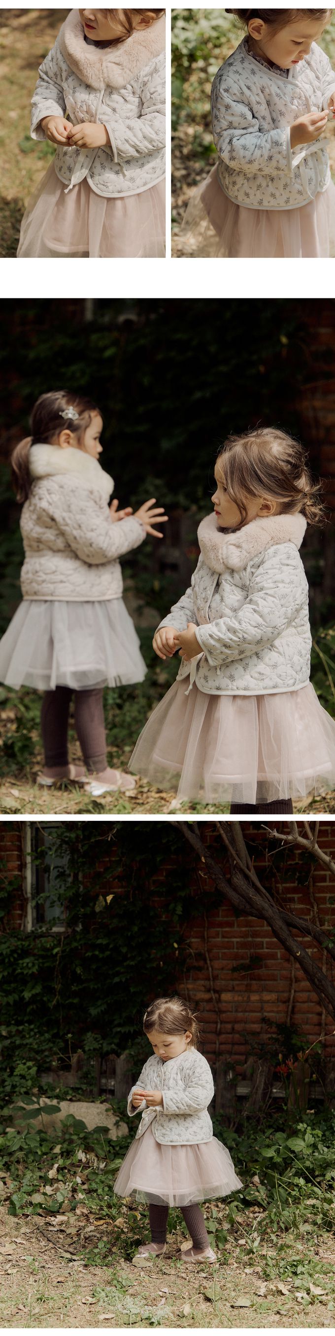 韓國 Puellaflo - 小花無領鋪棉綁帶絎縫外套-白灰