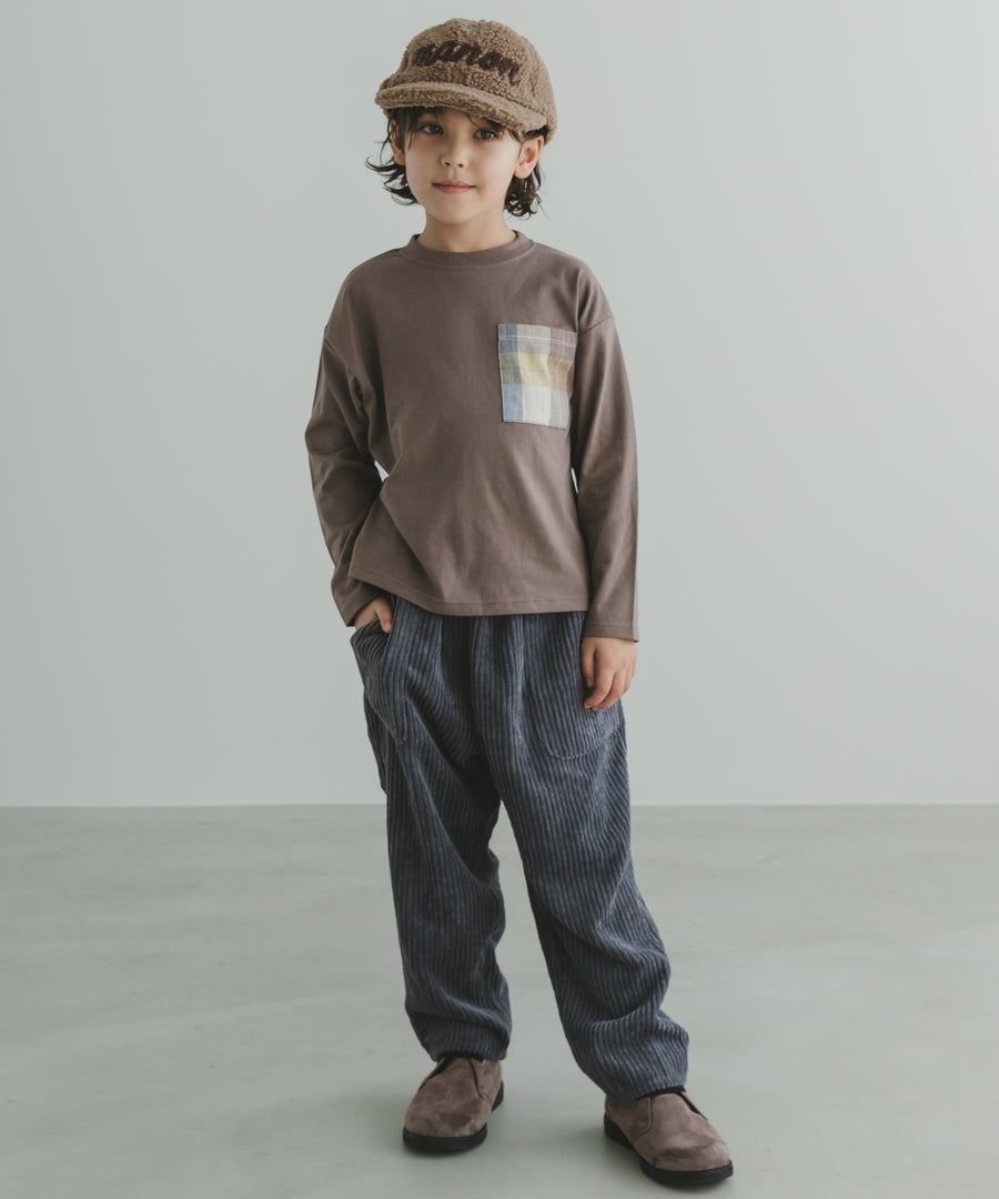 日本 PAIRMANON - 拼接口袋圓領薄長袖上衣-格紋-藍灰