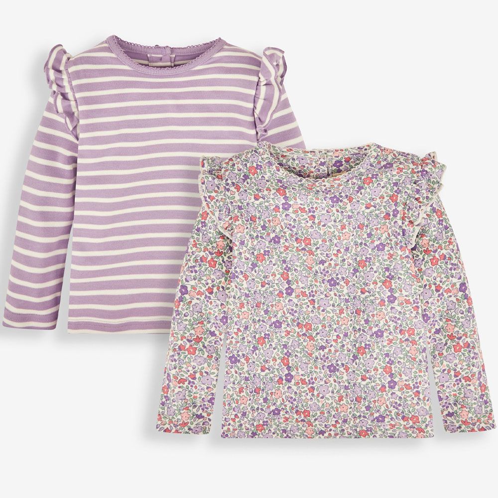 英國 JoJo Maman BeBe - 幼/兒童100%純棉長袖上衣 2 件組(可當內搭)-淺紫碎花